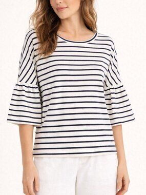 Madewell Navy White Striped Bell Sleeve Top | 100% Cotton | Size Small